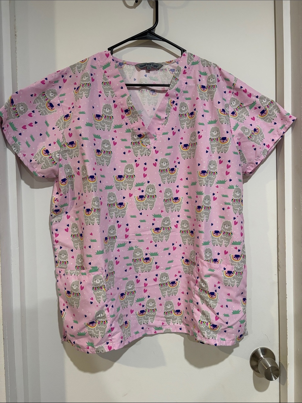 Pink Llama Print V-Neck Scrub Top - Unbranded